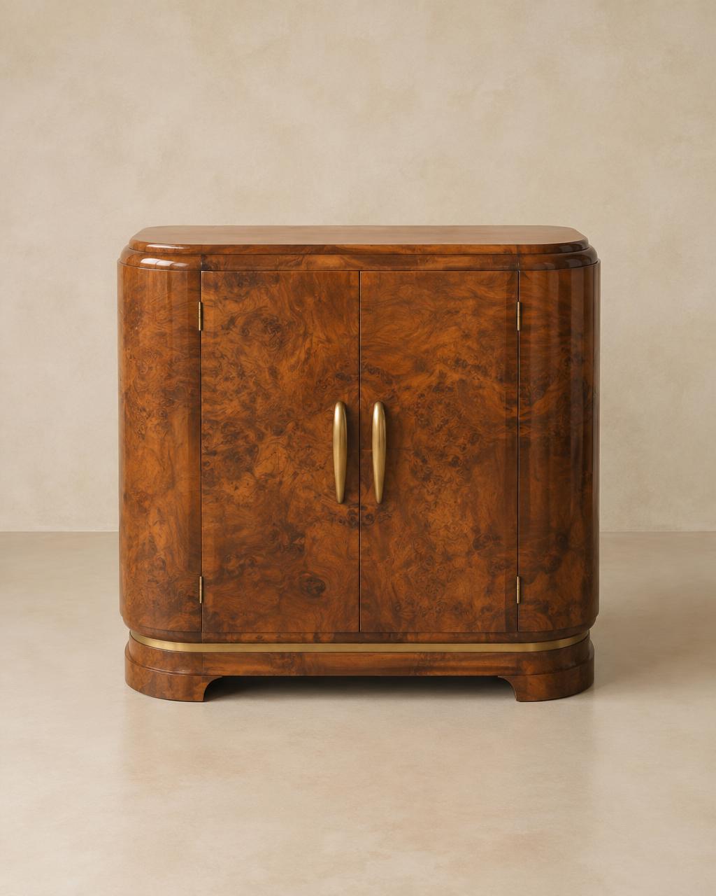 Rounded Art Deco burl wood drinks cabinet with brass handles